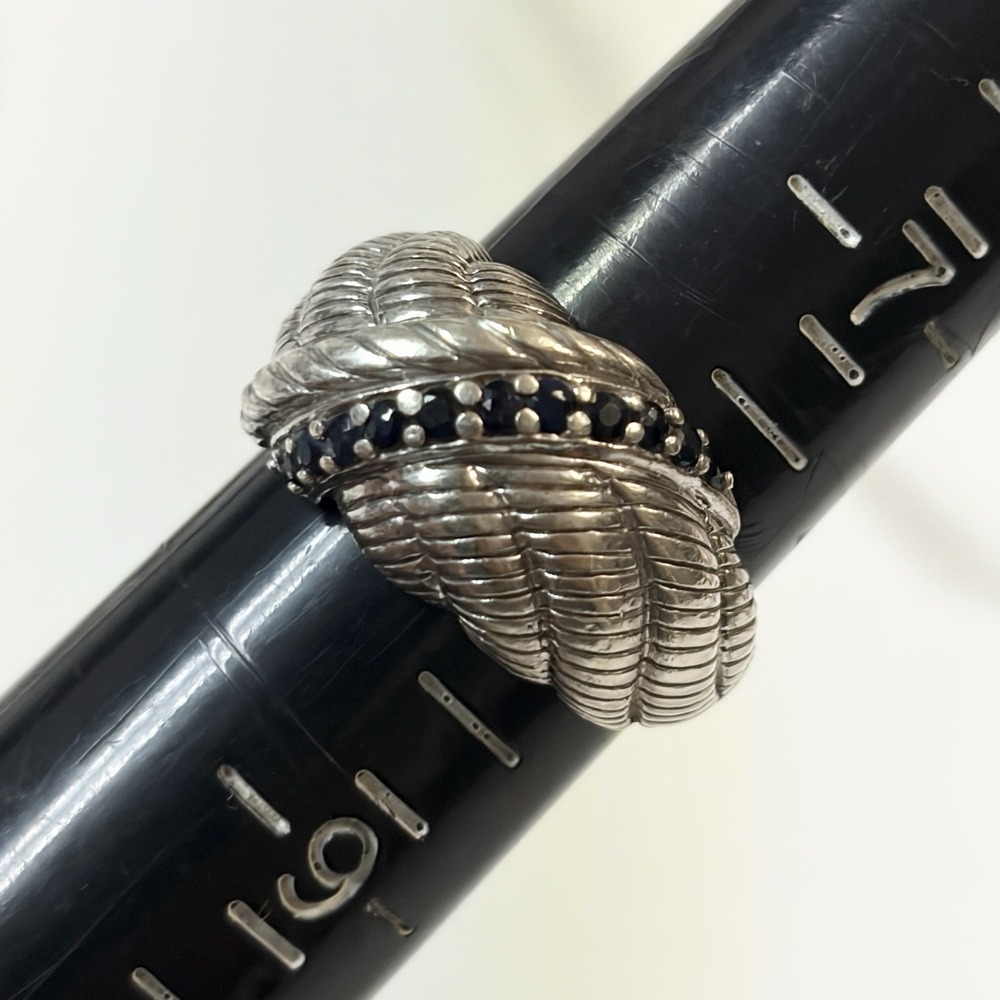JUDITH RIPKA 925 Sterling Silver Sz 8 Real Round-Cut Sapphire Roped Ring